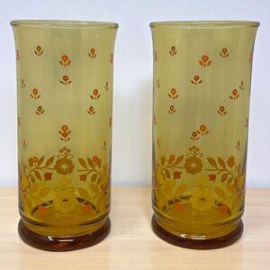 Set Of 2 Vintage Libbey Franco Amber Floral Glasses 1960s MCM Drinkware Retro